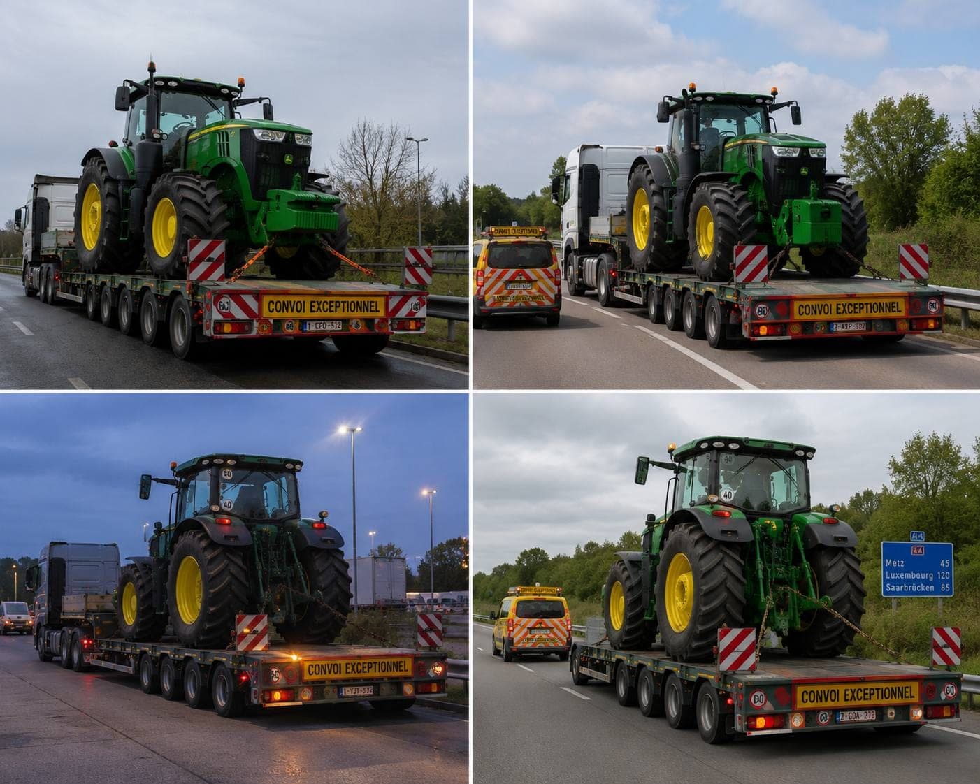Trattore John Deere su semirimorchio multi-asse con segnaletica convoglio