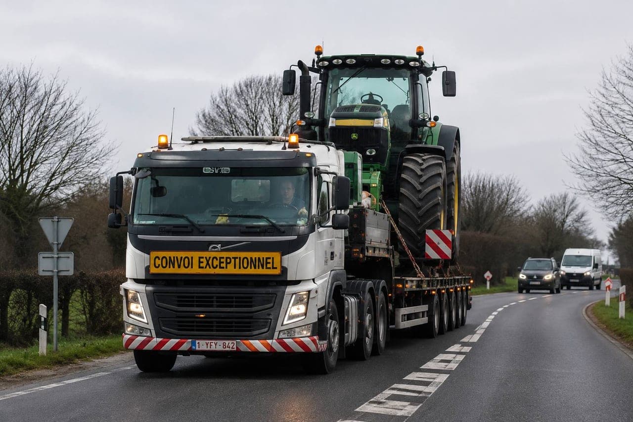 Mietitrebbia John Deere su carrellone con segnaletica trasporto eccezionale